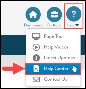 Expanded help navigation menu with an arrow pointing to the help center option