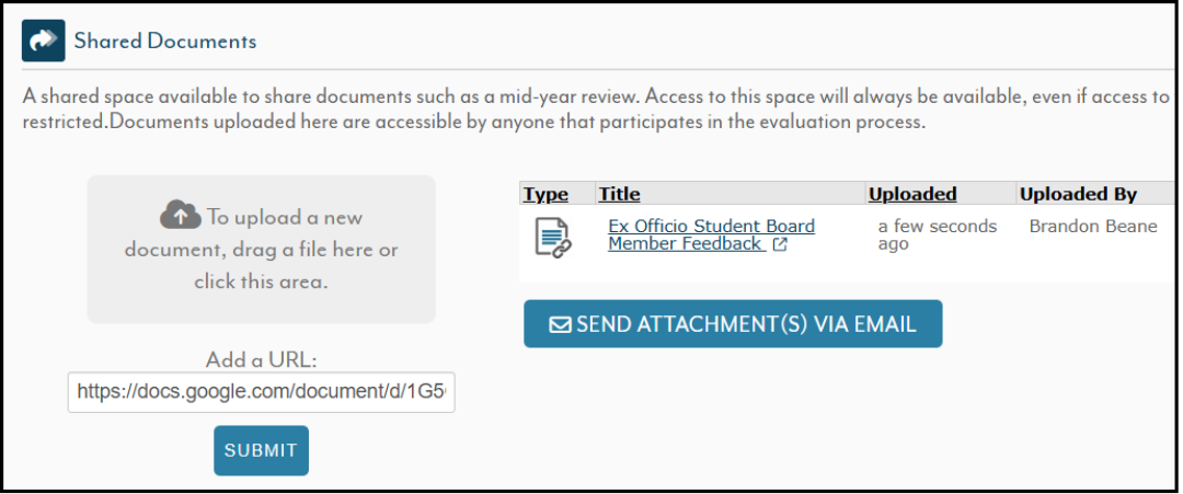 The shared documents section of the supereval website showing the area a user would upload files and displaying a sample document that has already been uploaded.
